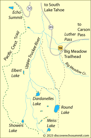 map of trail to Dardanelles Lake in Meiss Country, El Dorado National Forest, CA