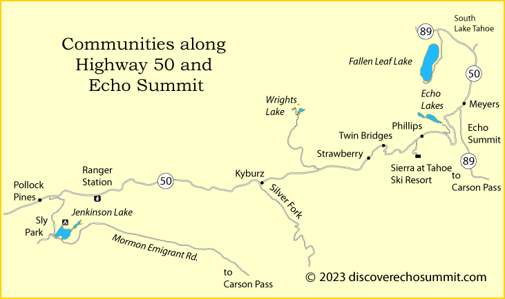 map ofcommunities along Highway 50 from Pollock Pines to South Lake Tahoe, CA